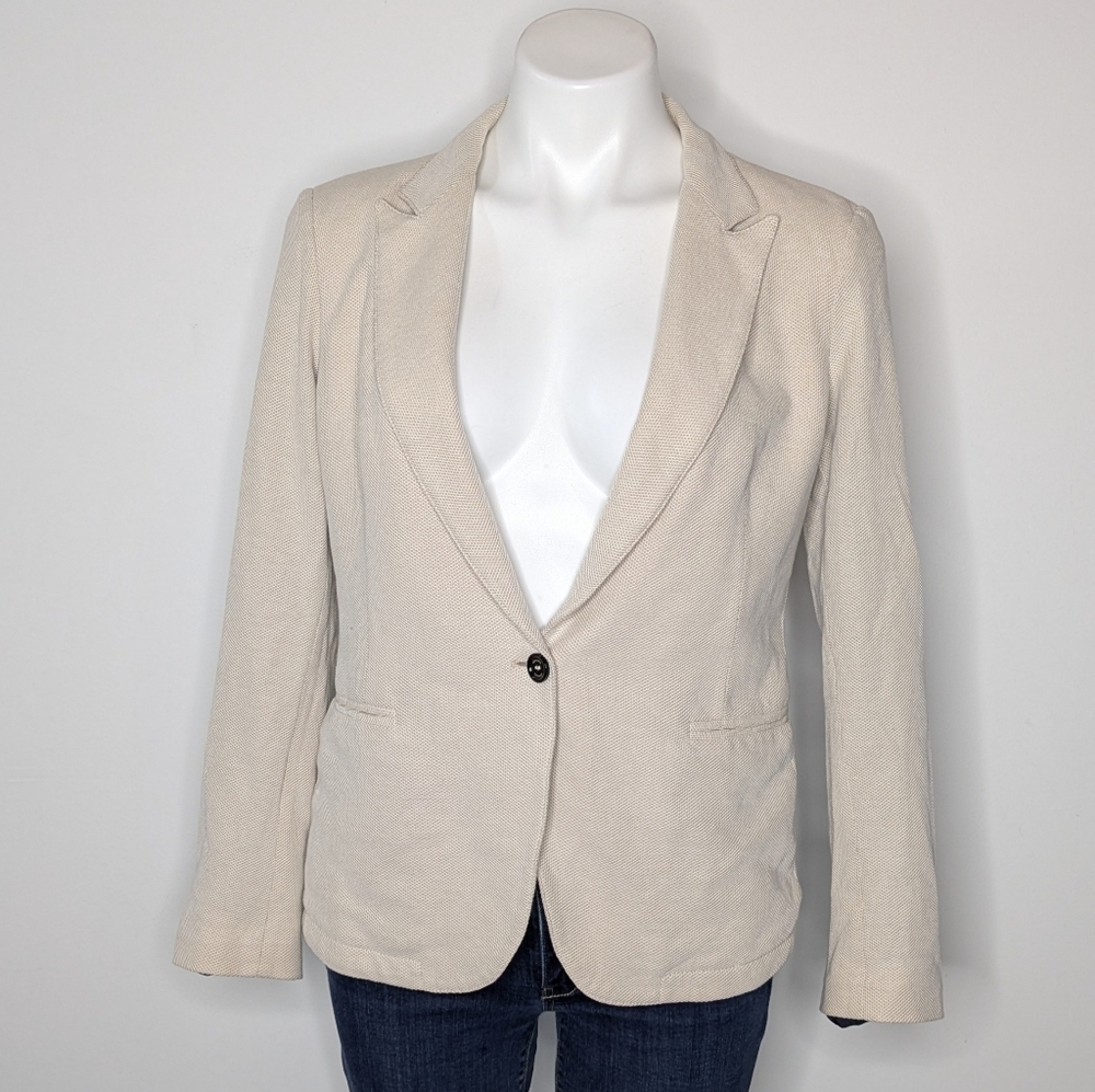 Eleventy Cream White Textured Lightweight Single Button V Neck Jacket